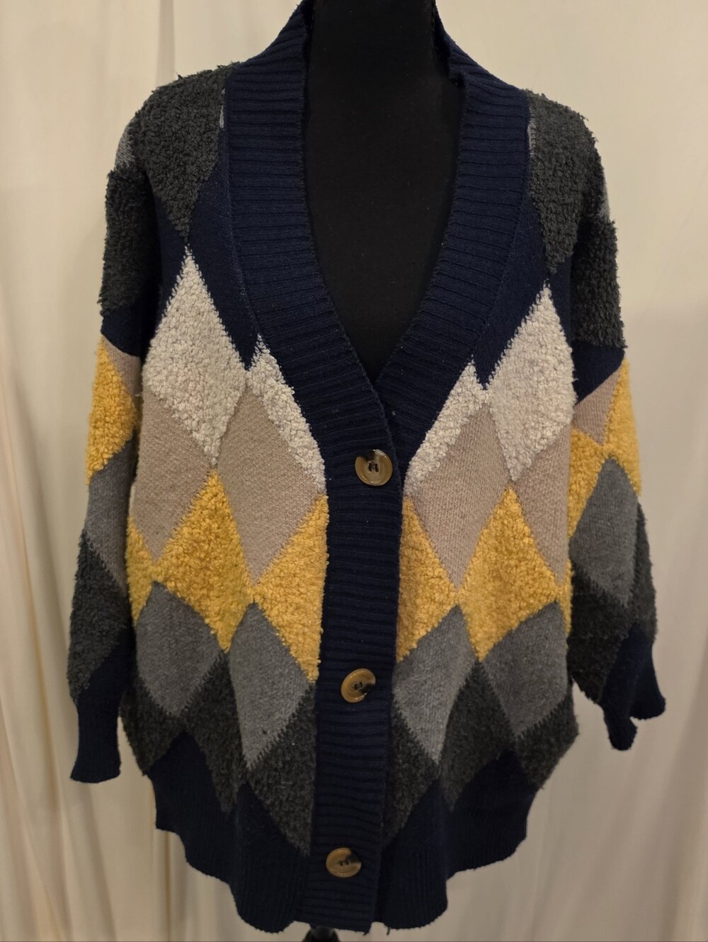 ADORA Argyle Fuzzy Knit Cardigan Sweater One Sz F Navy Blue Gold Diamond Relaxed